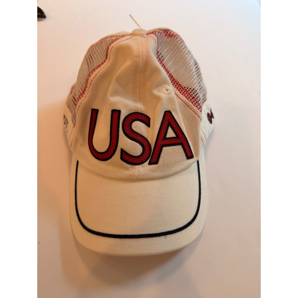 Roots USA Olympic Hat 2004 Official Outfitter Trucker Cap Cream Red White Blue